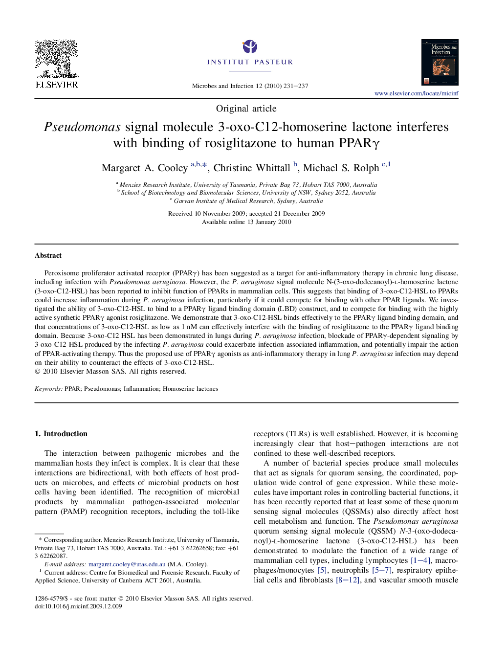 Pseudomonas signal molecule 3-oxo-C12-homoserine lactone interferes with binding of rosiglitazone to human PPARÎ³