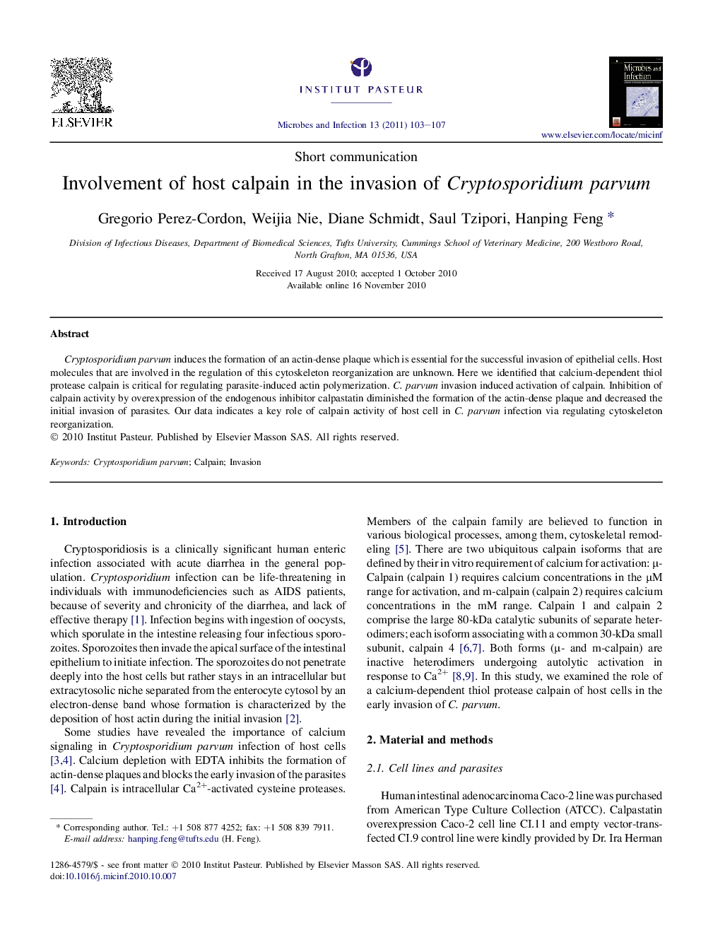 Involvement of host calpain in the invasion of Cryptosporidium parvum