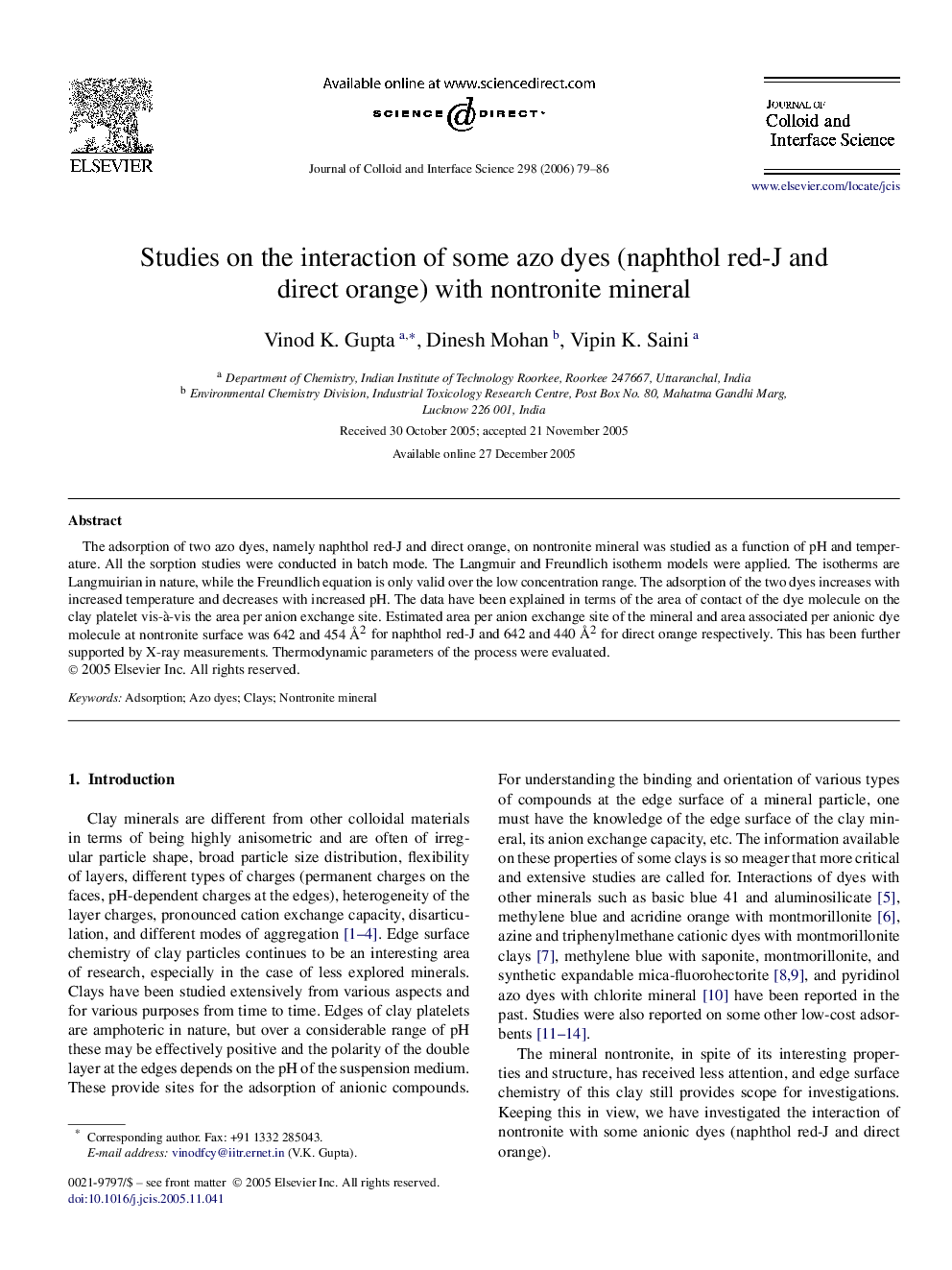 Studies on the interaction of some azo dyes (naphthol red-J and direct orange) with nontronite mineral