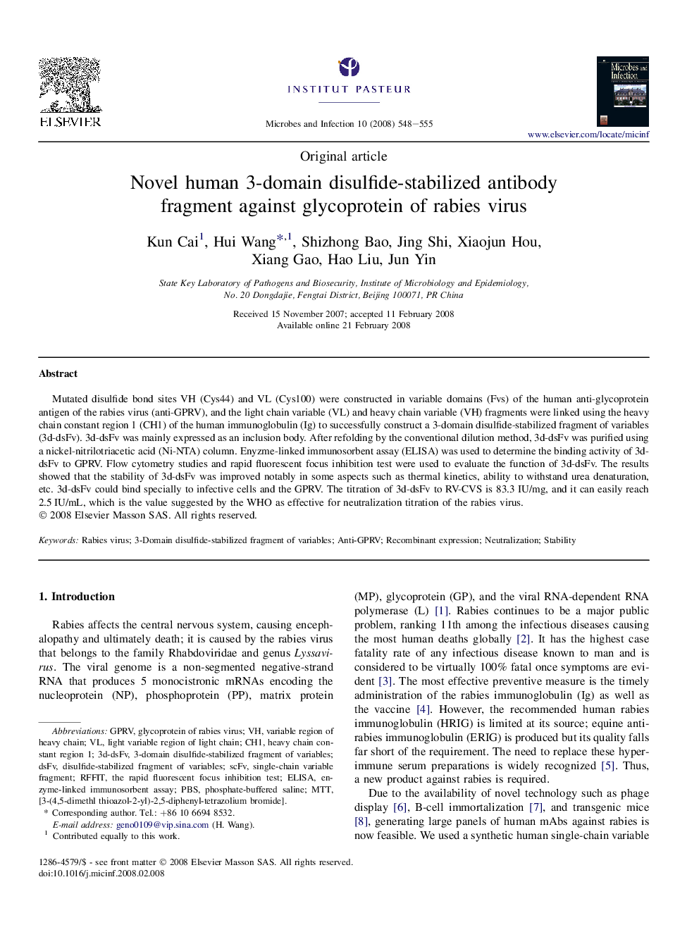 Novel human 3-domain disulfide-stabilized antibody fragment against glycoprotein of rabies virus