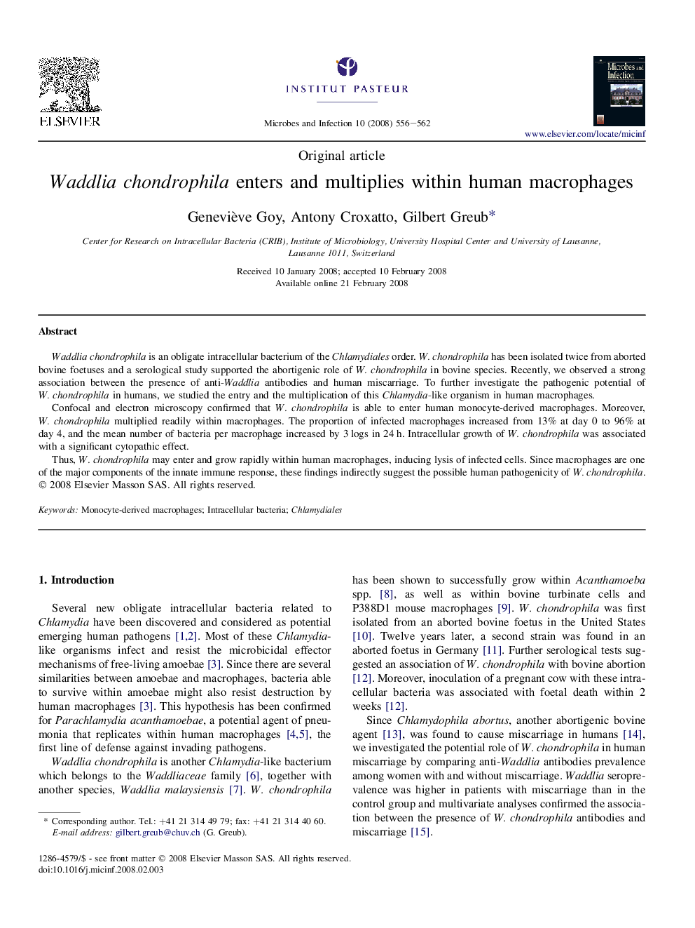 Waddlia chondrophila enters and multiplies within human macrophages