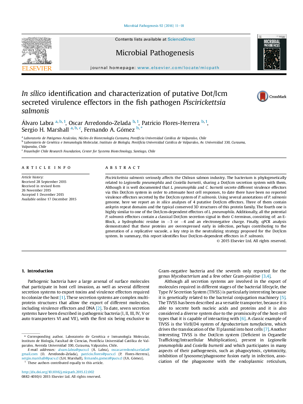 In sÃ­lico identification and characterization of putative Dot/Icm secreted virulence effectors in the fish pathogen Piscirickettsia salmonis