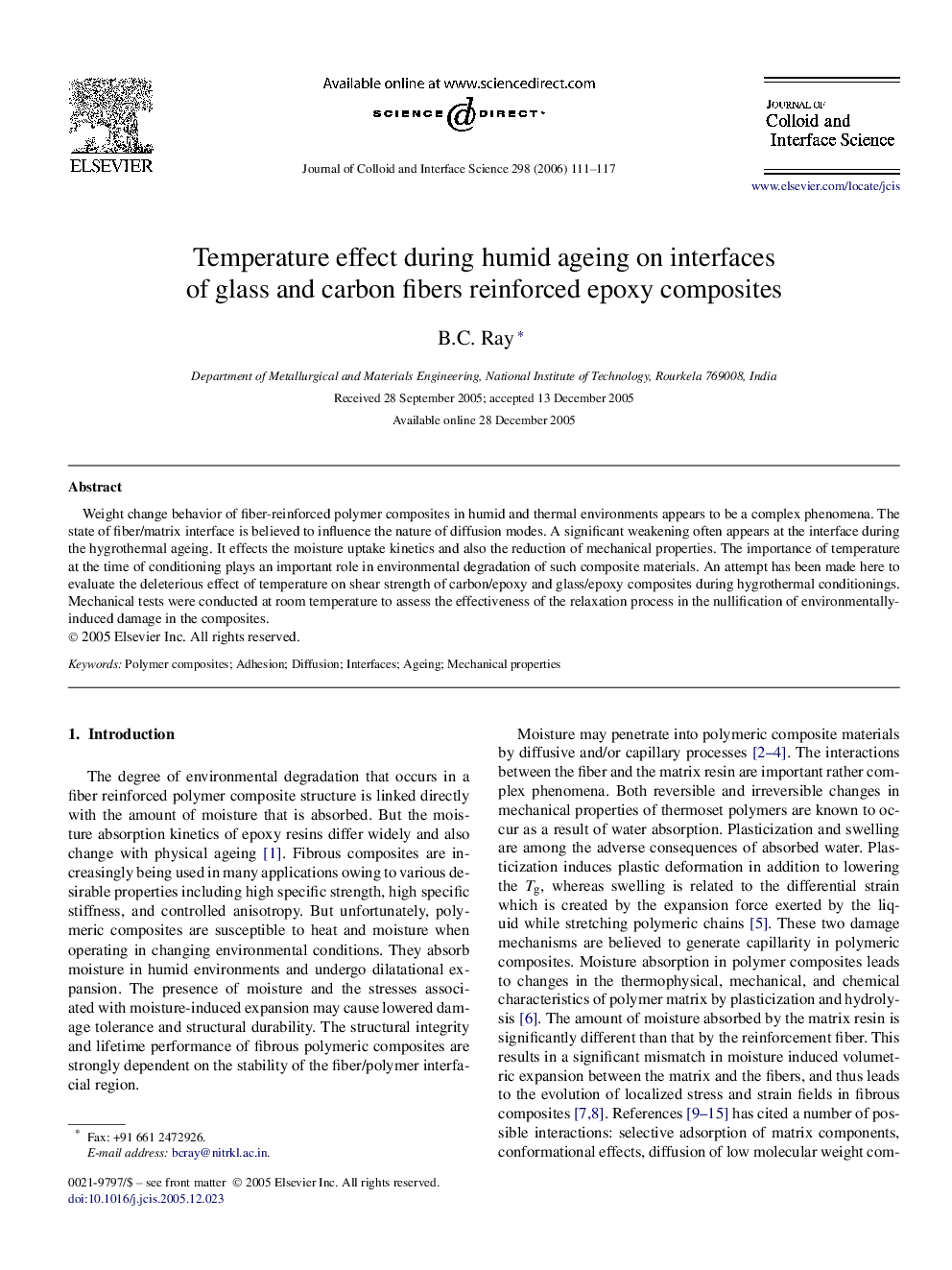 Temperature effect during humid ageing on interfaces of glass and carbon fibers reinforced epoxy composites