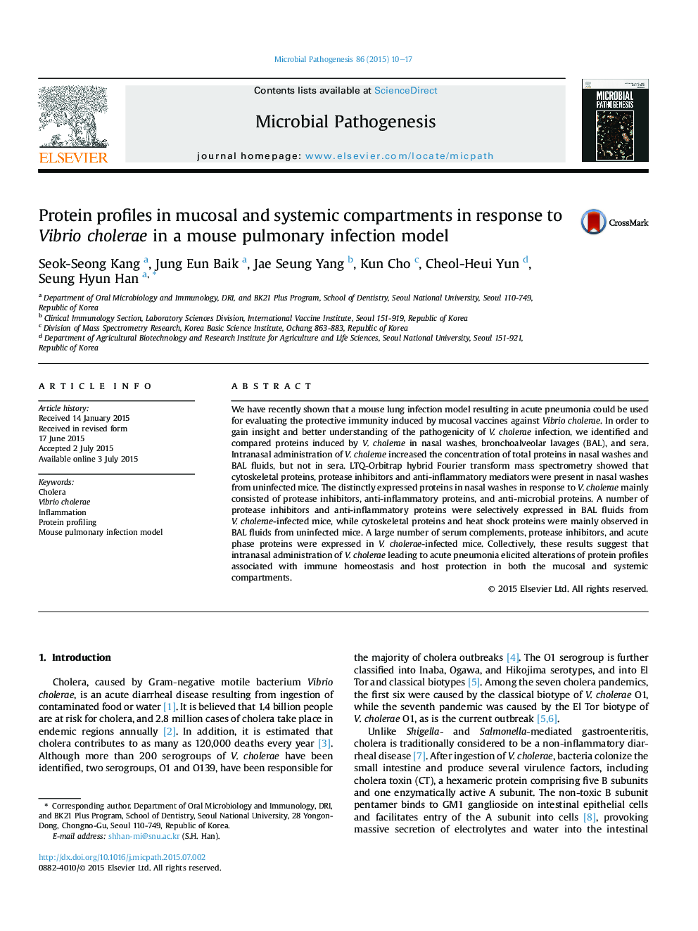 Protein profiles in mucosal and systemic compartments in response to Vibrio cholerae in a mouse pulmonary infection model