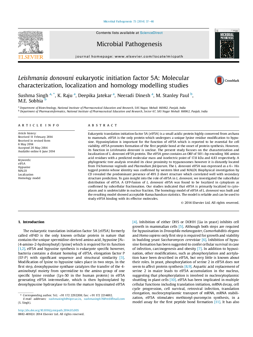 Leishmania donovani eukaryotic initiation factor 5A: Molecular characterization, localization and homology modelling studies