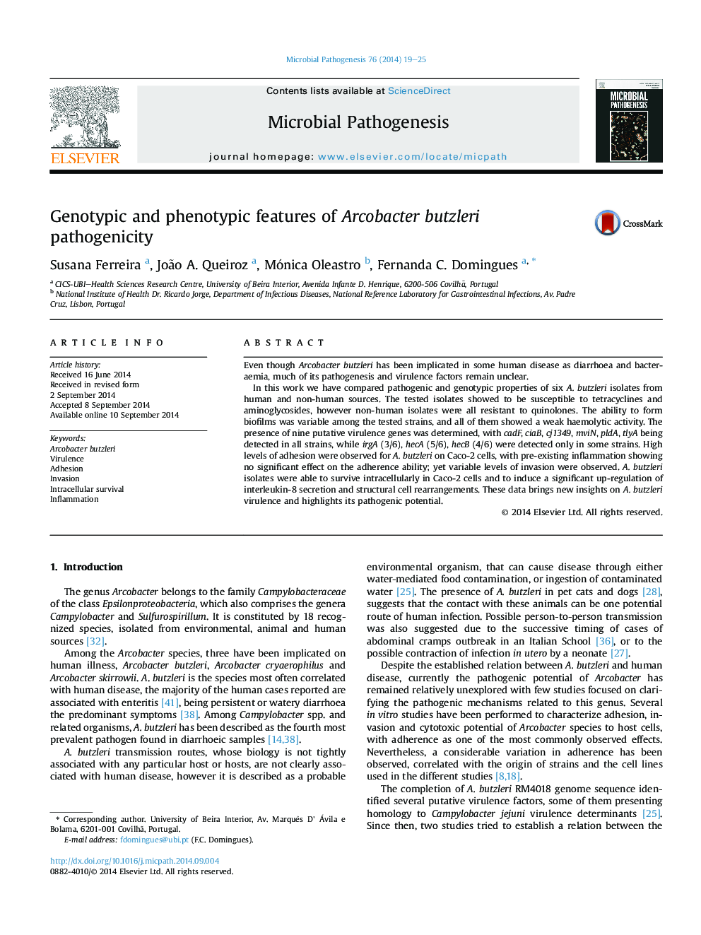 Genotypic and phenotypic features of Arcobacter butzleri pathogenicity