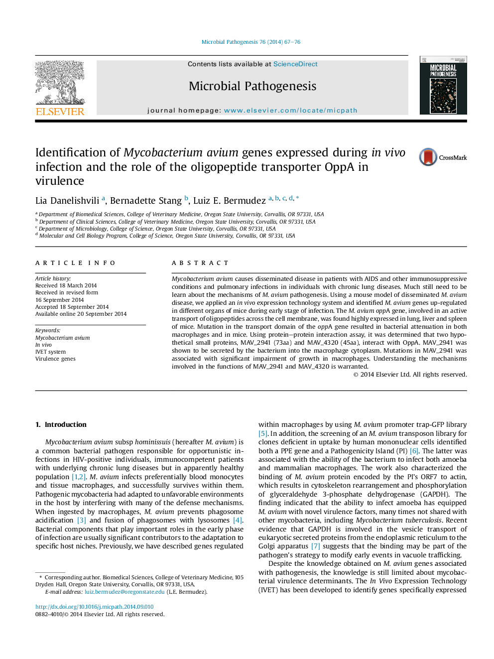 Identification of Mycobacterium avium genes expressed during inÂ vivo infection and the role of the oligopeptide transporter OppA in virulence