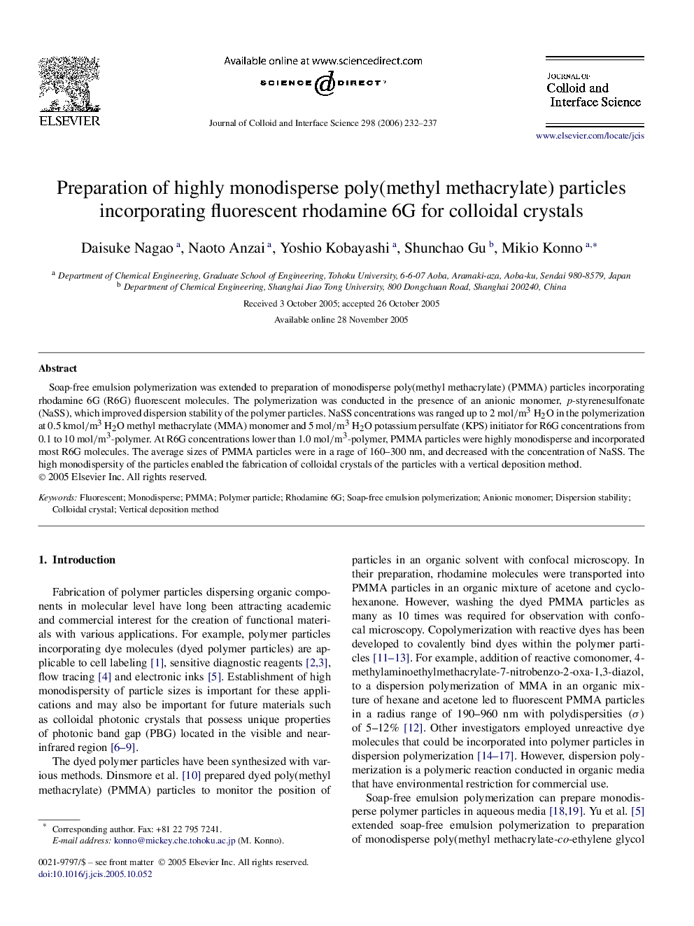 Preparation of highly monodisperse poly(methyl methacrylate) particles incorporating fluorescent rhodamine 6G for colloidal crystals