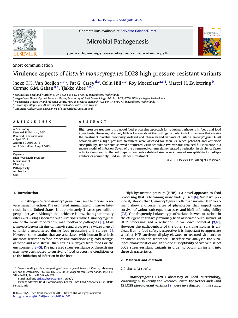 عکس صفحه اول مقاله: Virulence aspects of Listeria monocytogenes LO28 high pressure-resistant variants Virulence aspects of Listeria monocytogenes LO28 high pressure-resistant variants