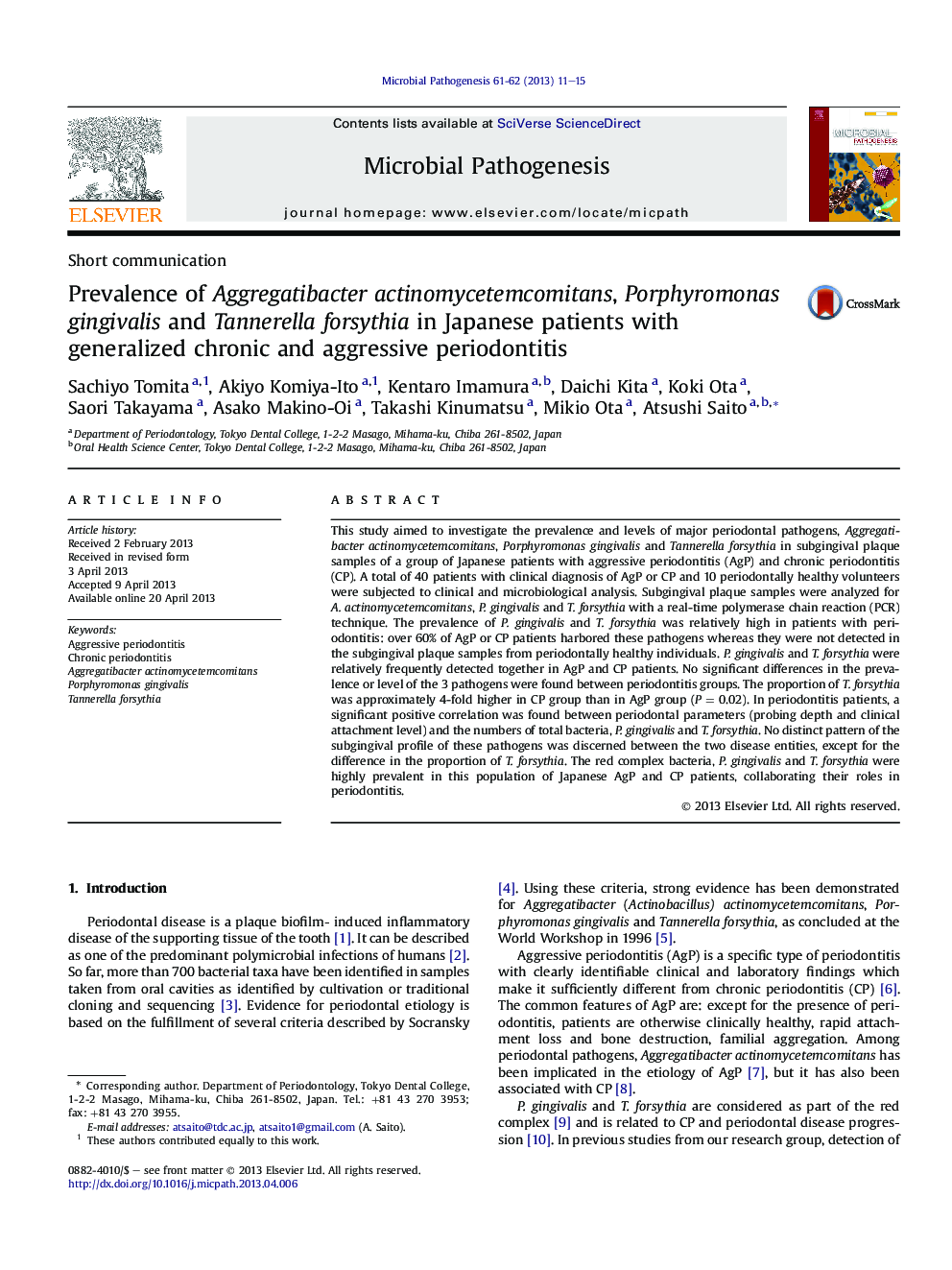Prevalence of Aggregatibacter actinomycetemcomitans, Porphyromonas gingivalis and Tannerella forsythia in Japanese patients with generalized chronic and aggressive periodontitis