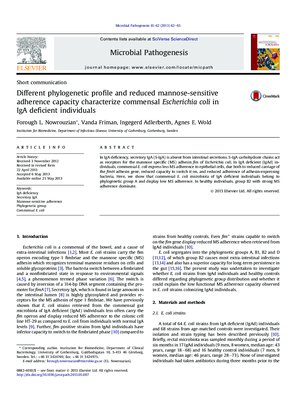 Different phylogenetic profile and reduced mannose-sensitive adherence capacity characterize commensal Escherichia coli in IgAÂ deficient individuals