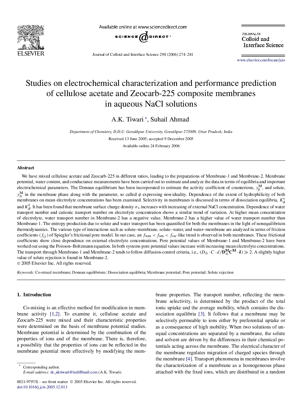 Studies on electrochemical characterization and performance prediction of cellulose acetate and Zeocarb-225 composite membranes in aqueous NaCl solutions