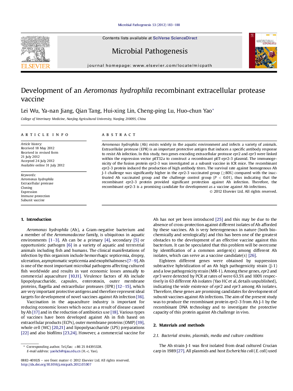 Development of an Aeromonas hydrophila recombinant extracellular protease vaccine