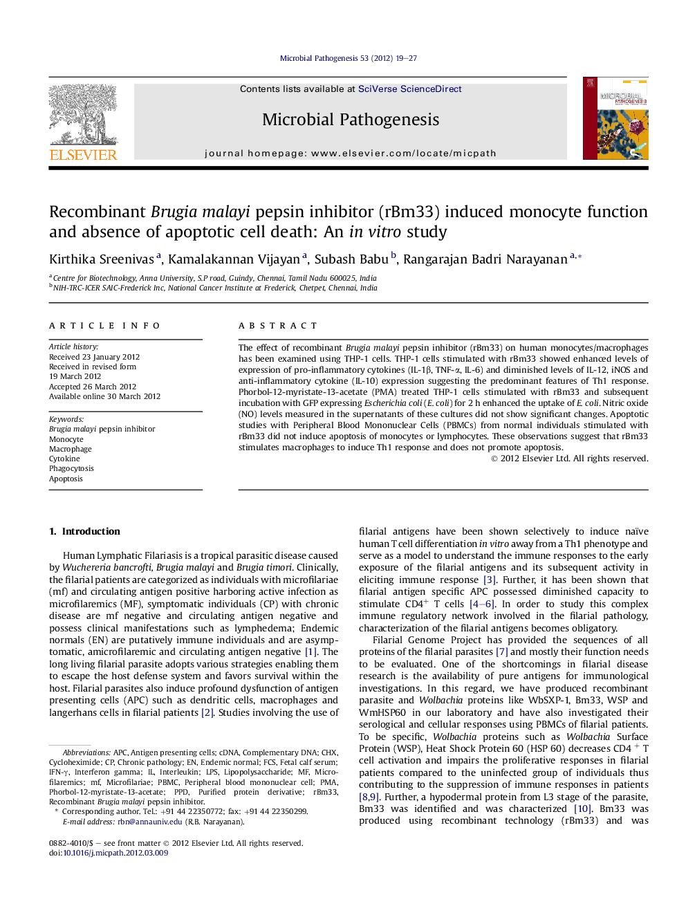 Recombinant Brugia malayi pepsin inhibitor (rBm33) induced monocyte function and absence of apoptotic cell death: An inÂ vitro study