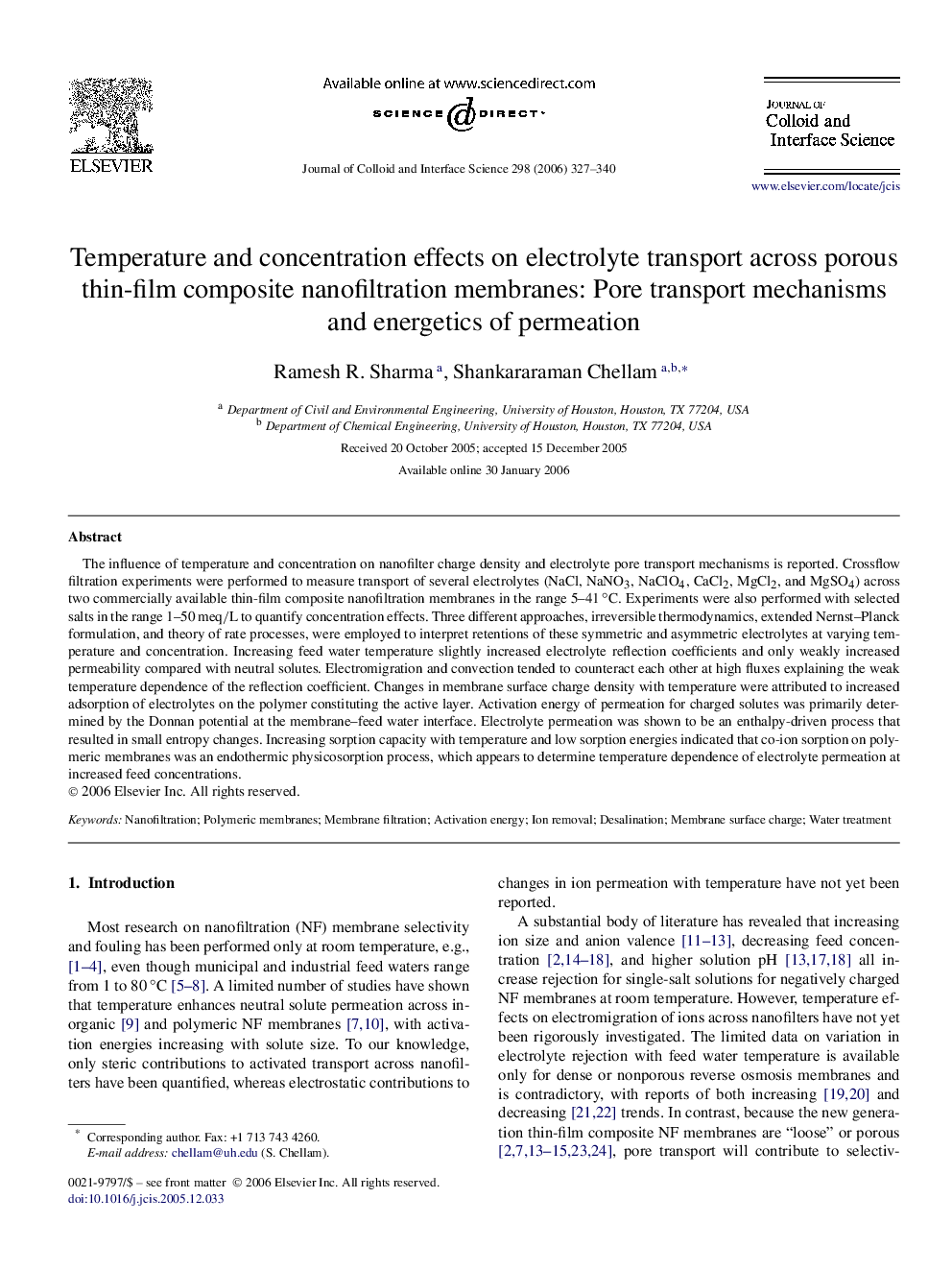 Temperature and concentration effects on electrolyte transport across porous thin-film composite nanofiltration membranes: Pore transport mechanisms and energetics of permeation