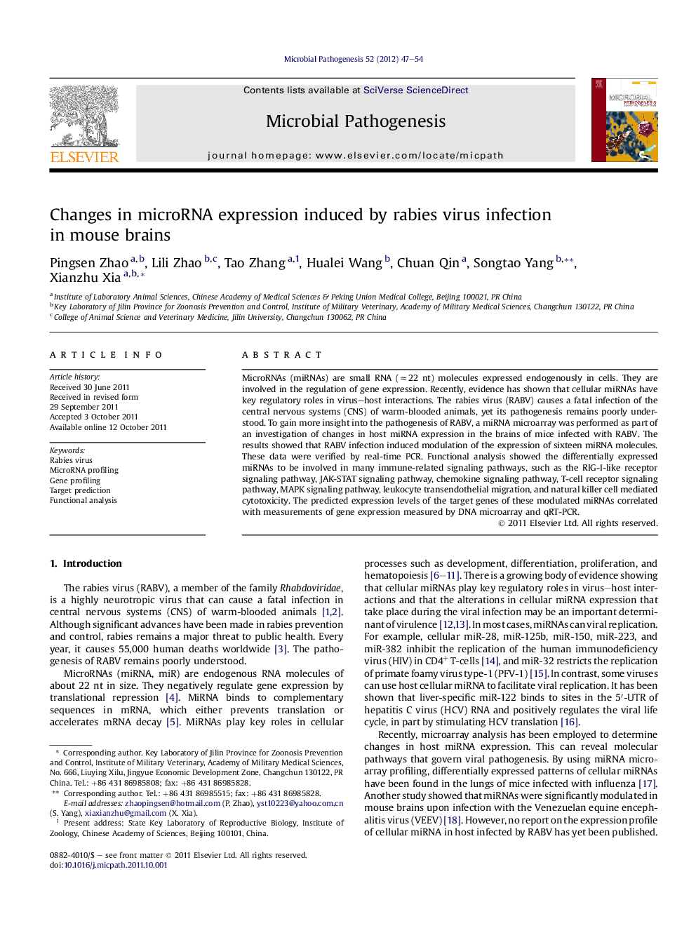 Changes in microRNA expression induced by rabies virus infection in mouse brains