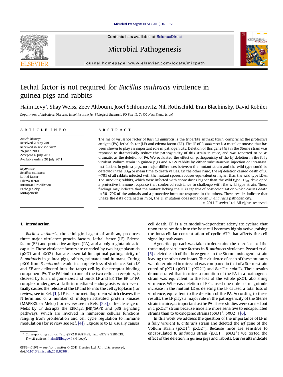 Lethal factor is not required for Bacillus anthracis virulence in guinea pigs and rabbits