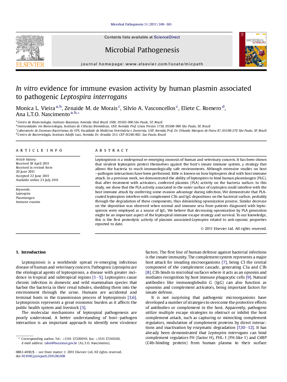 In vitro evidence for immune evasion activity by human plasmin associated to pathogenic Leptospira interrogans