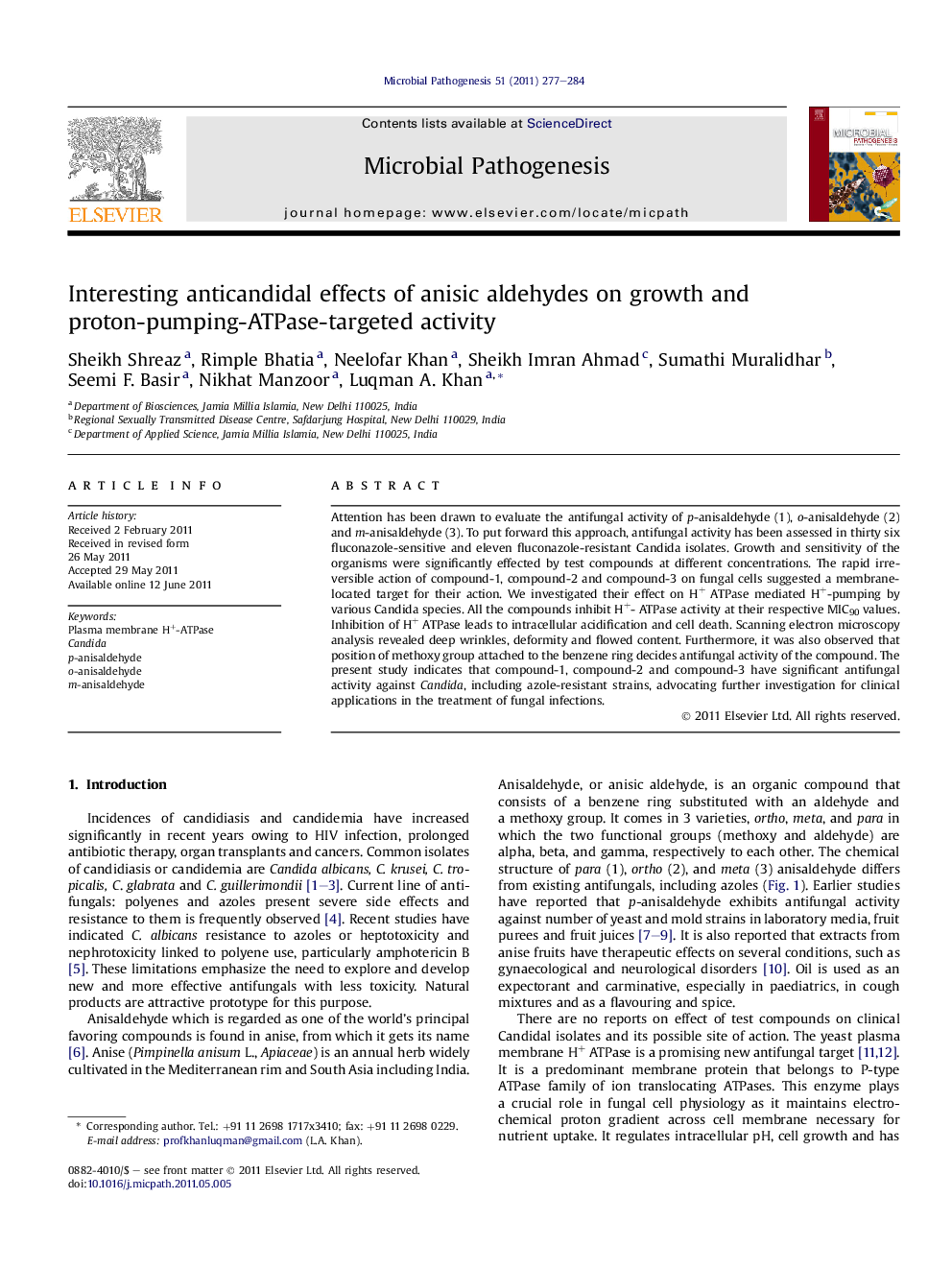 Interesting anticandidal effects of anisic aldehydes on growth and proton-pumping-ATPase-targeted activity