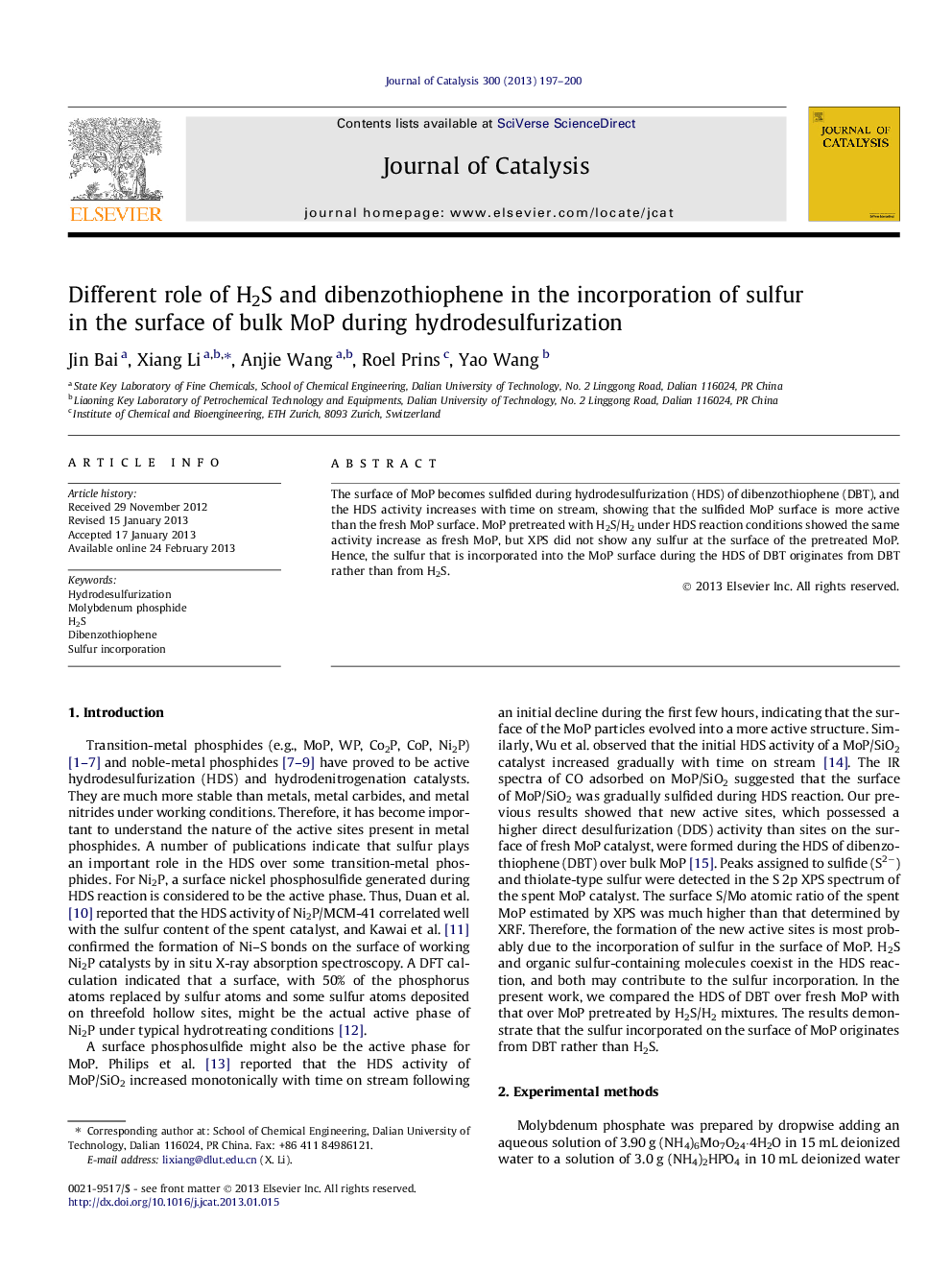 Different role of H2S and dibenzothiophene in the incorporation of sulfur in the surface of bulk MoP during hydrodesulfurization