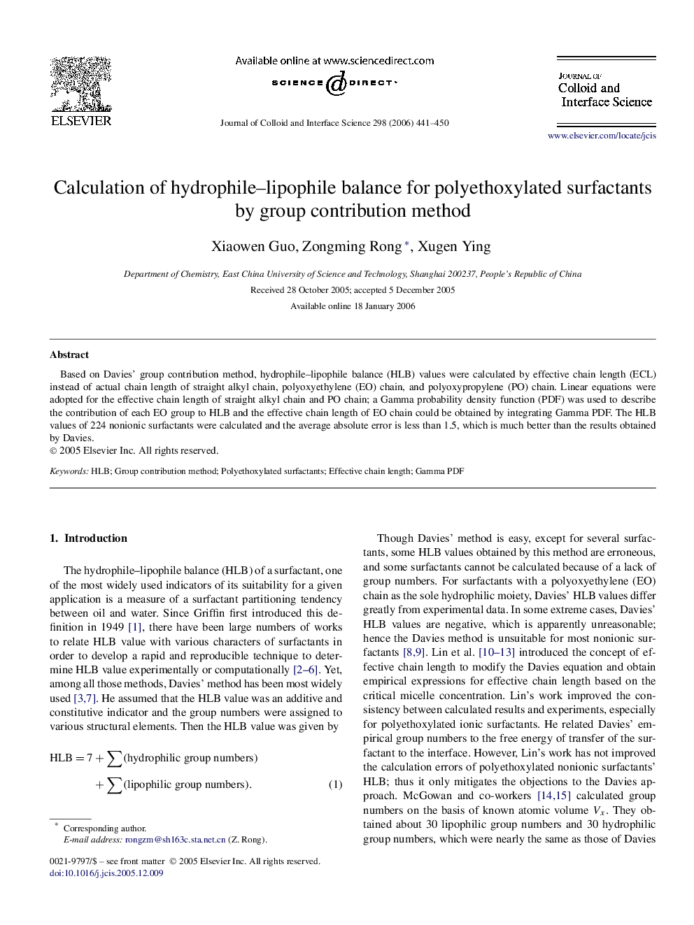 Calculation of hydrophile–lipophile balance for polyethoxylated surfactants by group contribution method