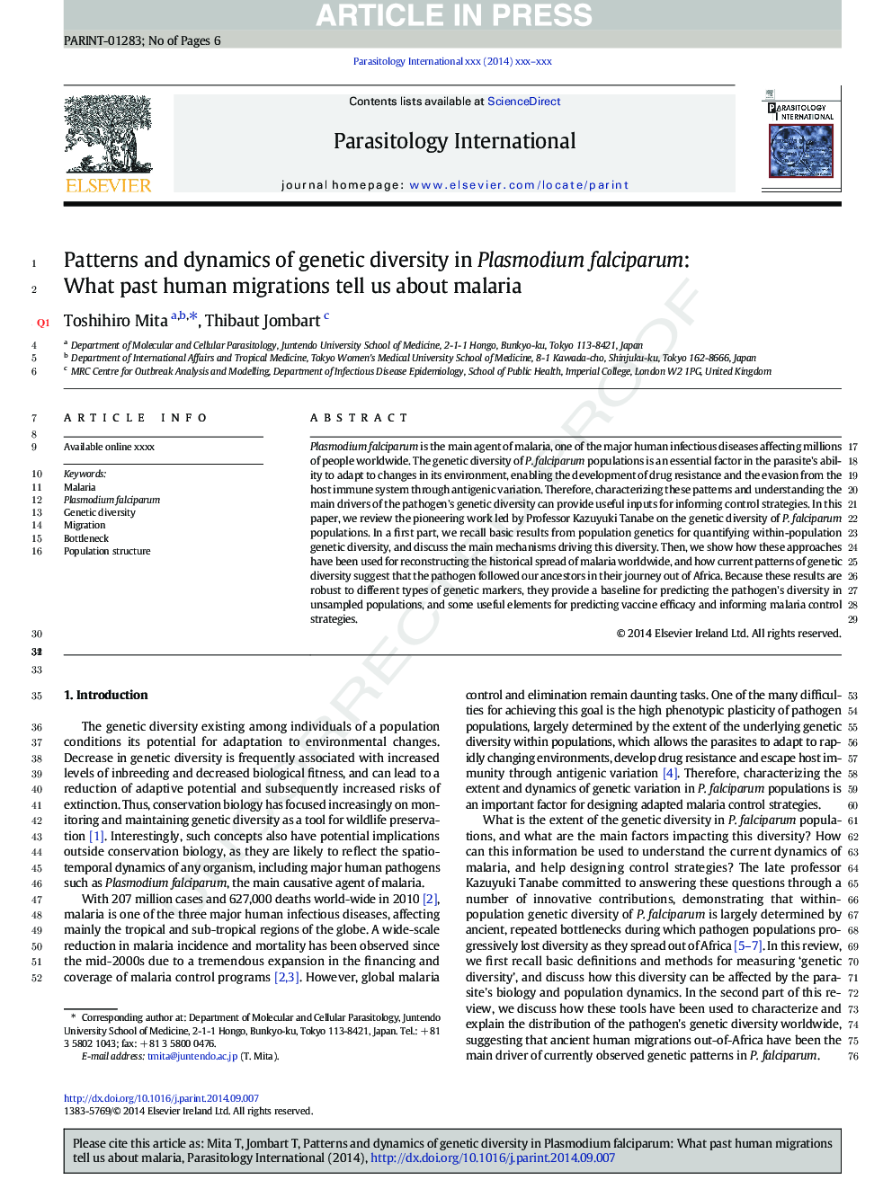 Patterns and dynamics of genetic diversity in Plasmodium falciparum: What past human migrations tell us about malaria