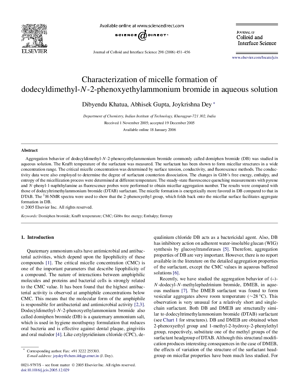 Characterization of micelle formation of dodecyldimethyl-N-2-phenoxyethylammonium bromide in aqueous solution