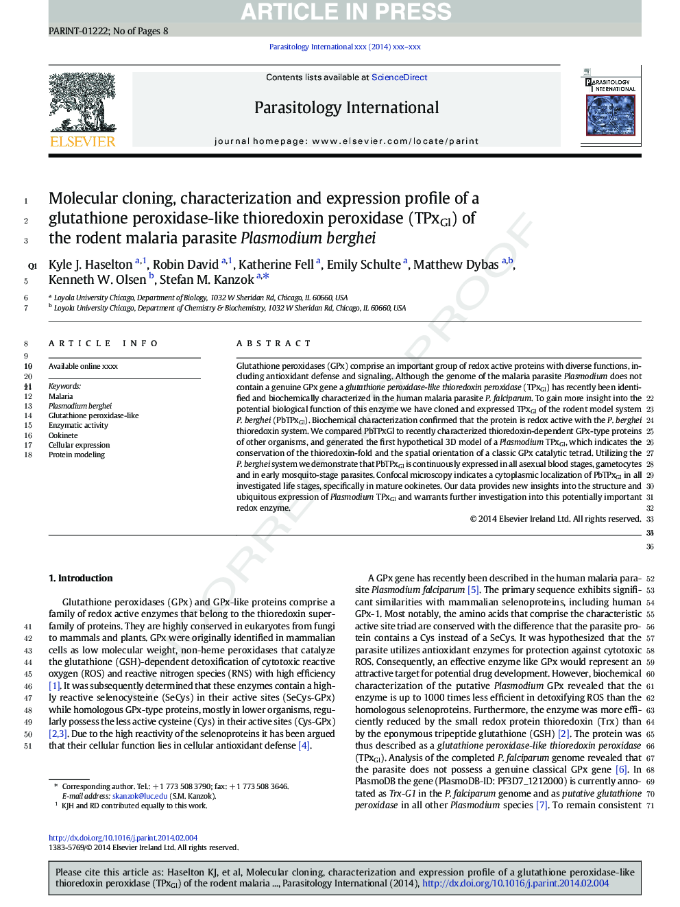 Molecular cloning, characterization and expression profile of a glutathione peroxidase-like thioredoxin peroxidase (TPxGl) of the rodent malaria parasite Plasmodium berghei