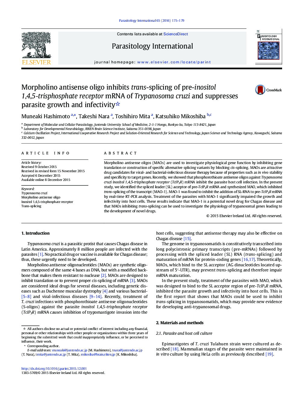 Morpholino antisense oligo inhibits trans-splicing of pre-inositol 1,4,5-trisphosphate receptor mRNA of Trypanosoma cruzi and suppresses parasite growth and infectivity