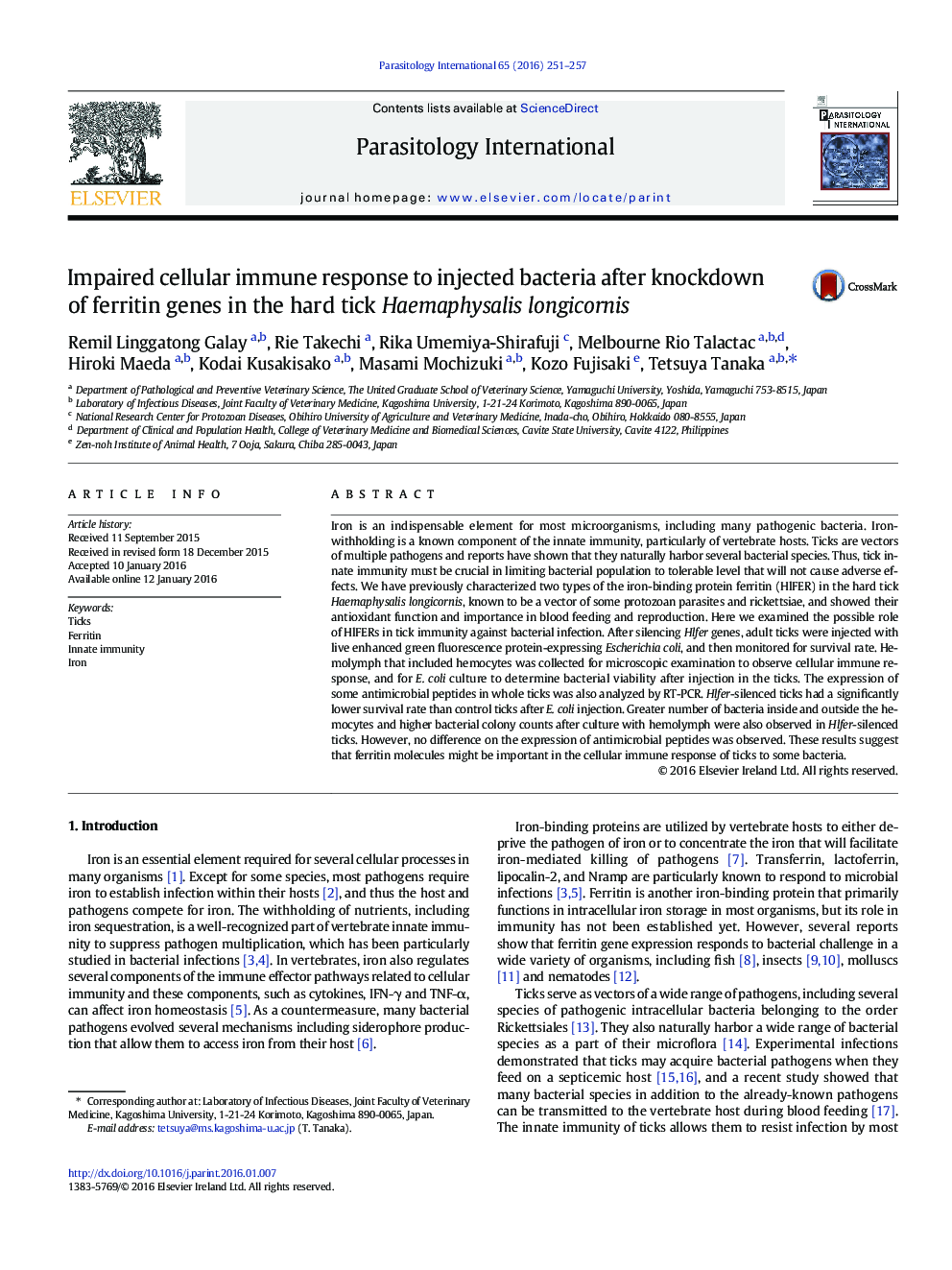 Impaired cellular immune response to injected bacteria after knockdown of ferritin genes in the hard tick Haemaphysalis longicornis