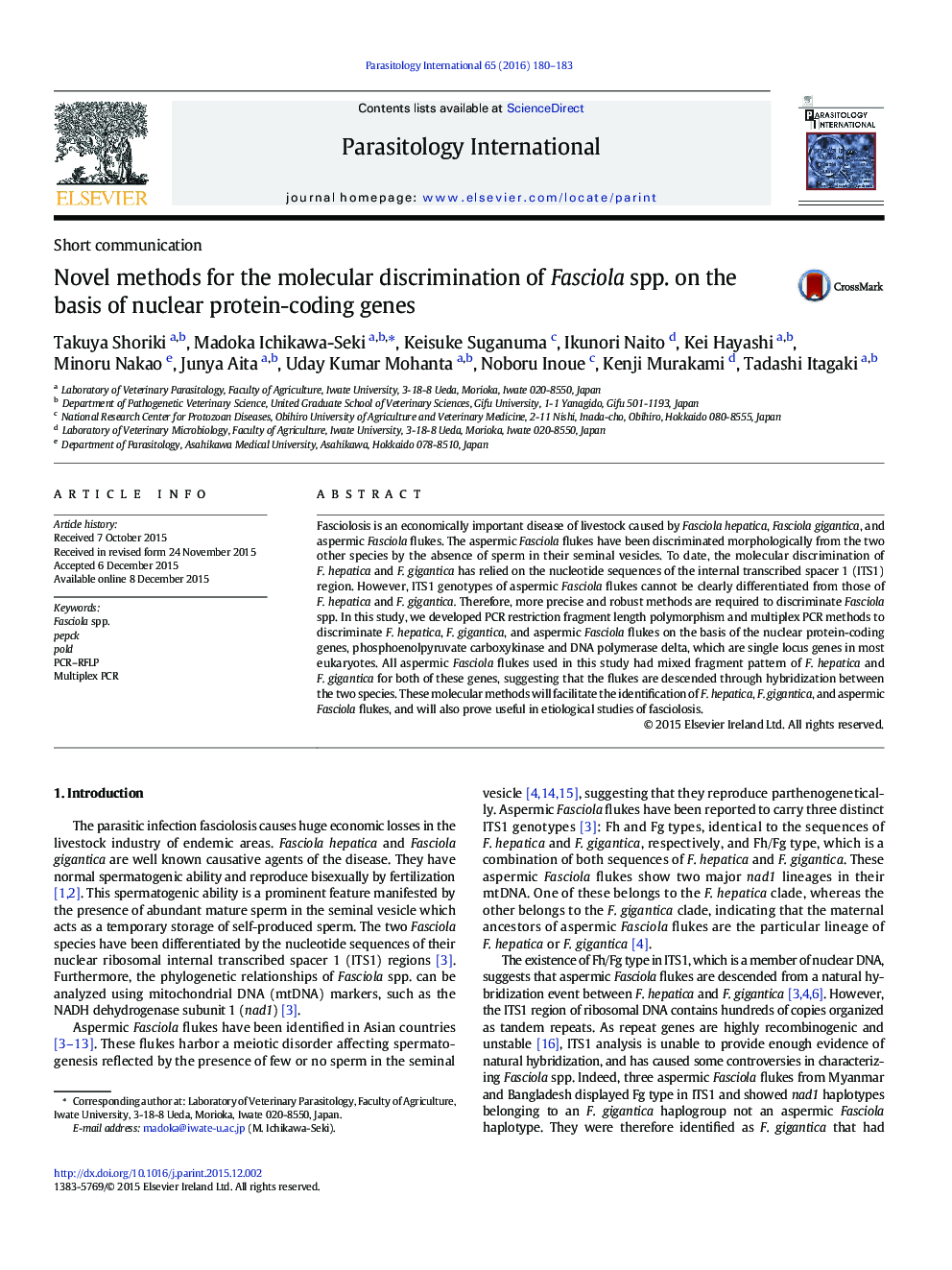 Novel methods for the molecular discrimination of Fasciola spp. on the basis of nuclear protein-coding genes