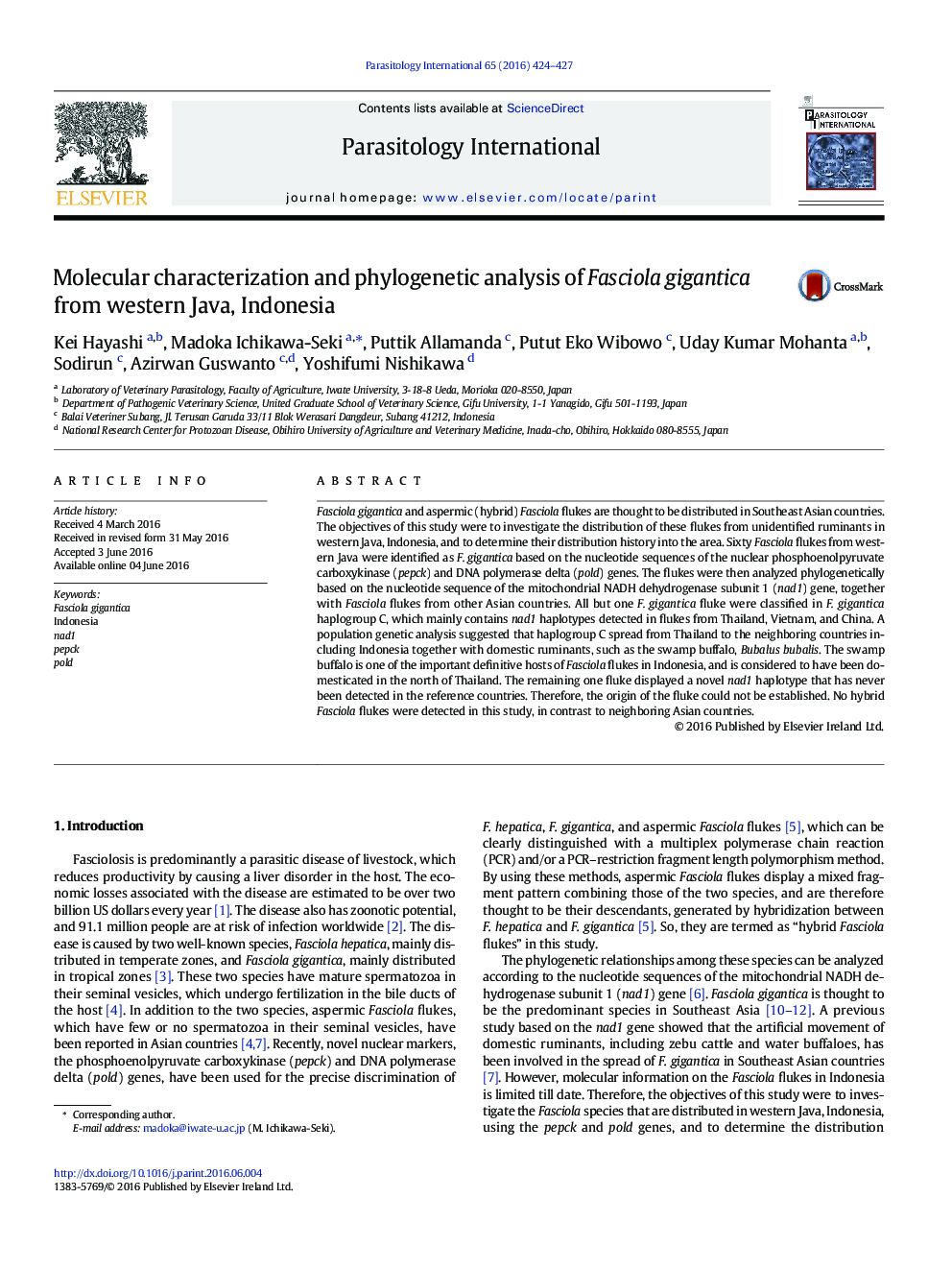 Molecular characterization and phylogenetic analysis of Fasciola gigantica from western Java, Indonesia