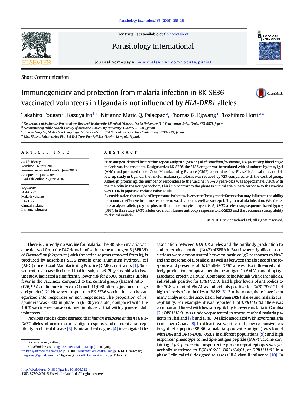 Immunogenicity and protection from malaria infection in BK-SE36 vaccinated volunteers in Uganda is not influenced by HLA-DRB1 alleles