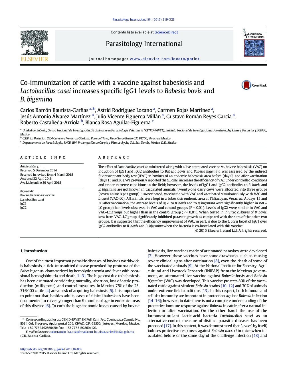 Co-immunization of cattle with a vaccine against babesiosis and Lactobacillus casei increases specific IgG1 levels to Babesia bovis and B. bigemina