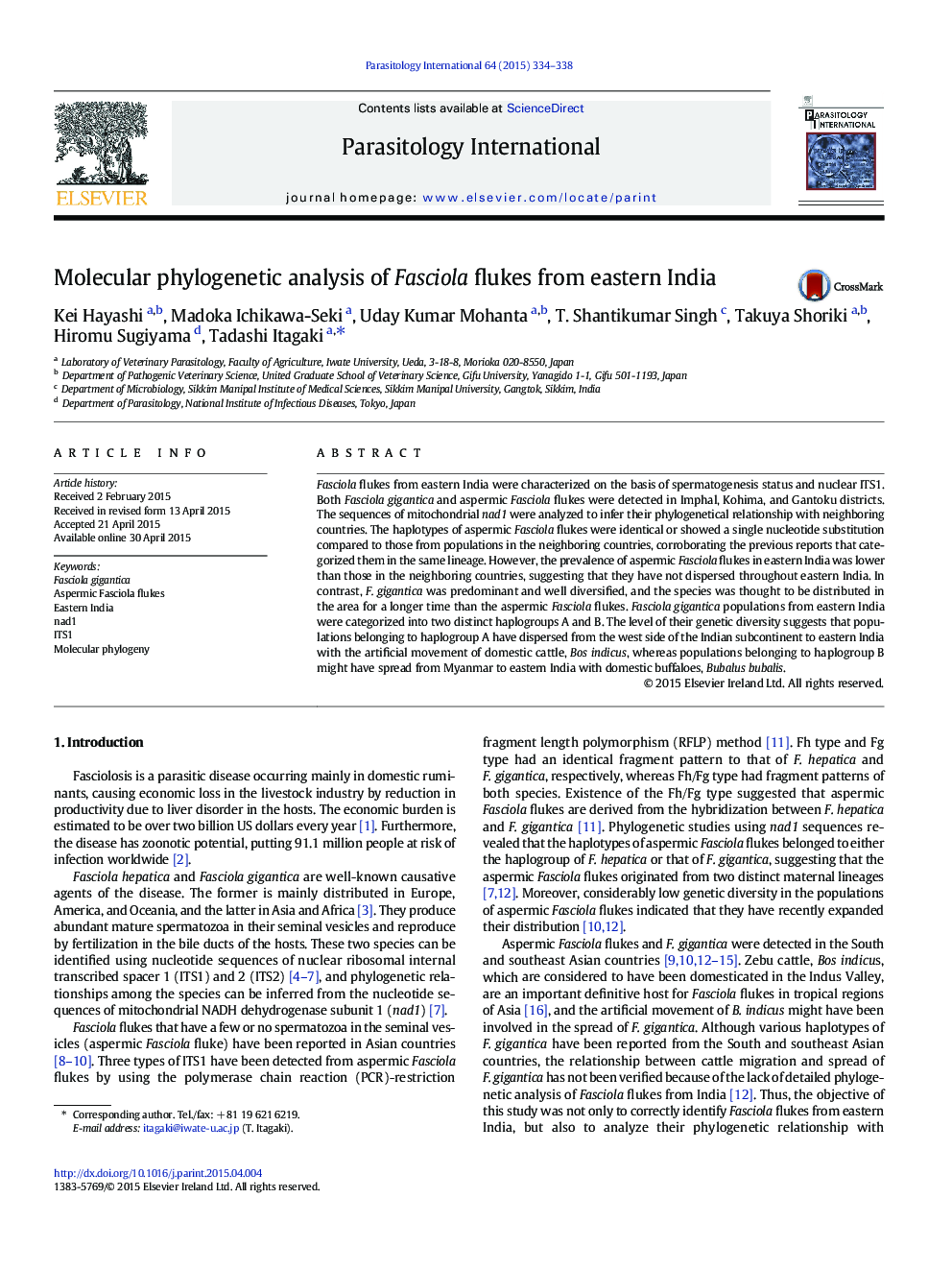 Molecular phylogenetic analysis of Fasciola flukes from eastern India