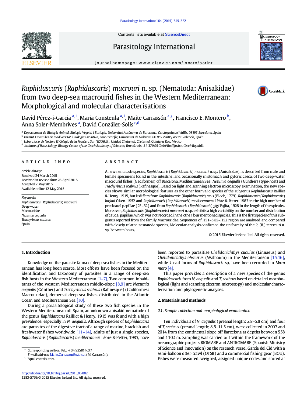 Raphidascaris (Raphidascaris) macrouri n. sp. (Nematoda: Anisakidae) from two deep-sea macrourid fishes in the Western Mediterranean: Morphological and molecular characterisations