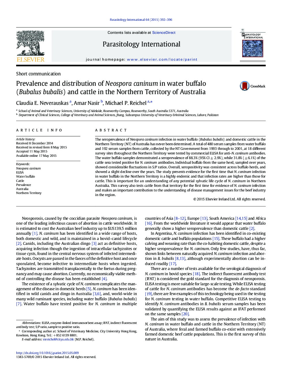 Prevalence and distribution of Neospora caninum in water buffalo (Bubalus bubalis) and cattle in the Northern Territory of Australia