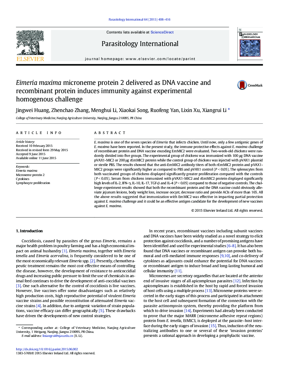 Eimeria maxima microneme protein 2 delivered as DNA vaccine and recombinant protein induces immunity against experimental homogenous challenge