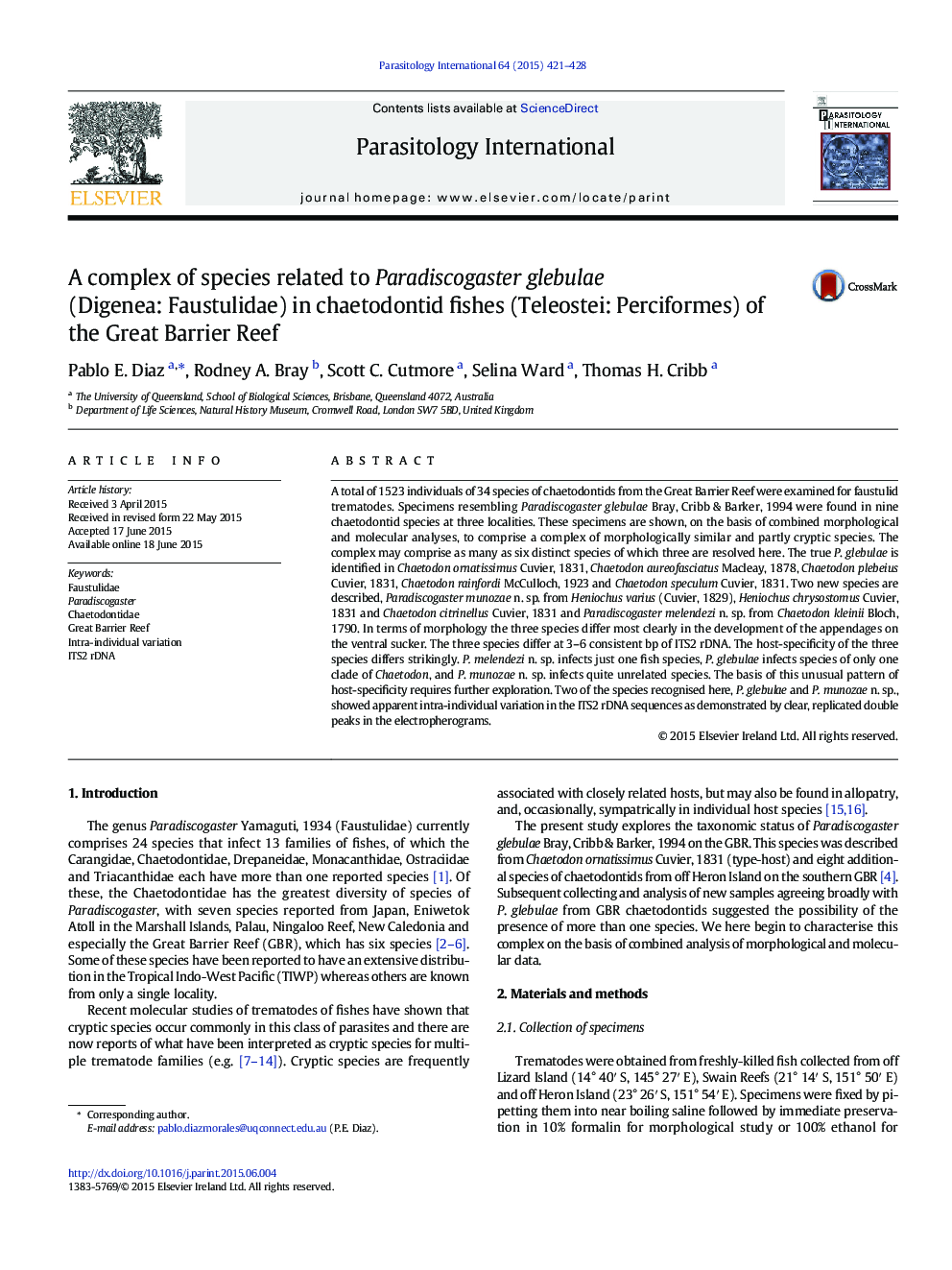 A complex of species related to Paradiscogaster glebulae (Digenea: Faustulidae) in chaetodontid fishes (Teleostei: Perciformes) of the Great Barrier Reef