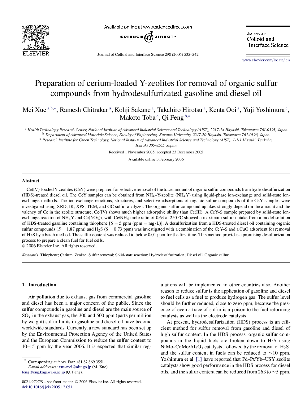 Preparation of cerium-loaded Y-zeolites for removal of organic sulfur compounds from hydrodesulfurizated gasoline and diesel oil