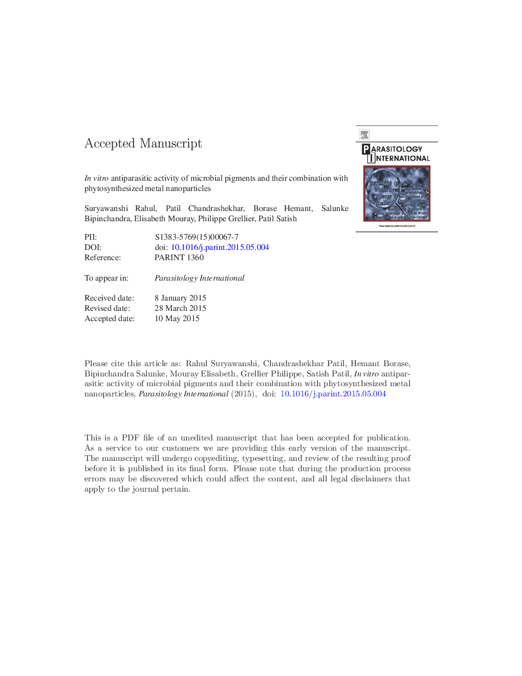 In vitro antiparasitic activity of microbial pigments and their combination with phytosynthesized metal nanoparticles