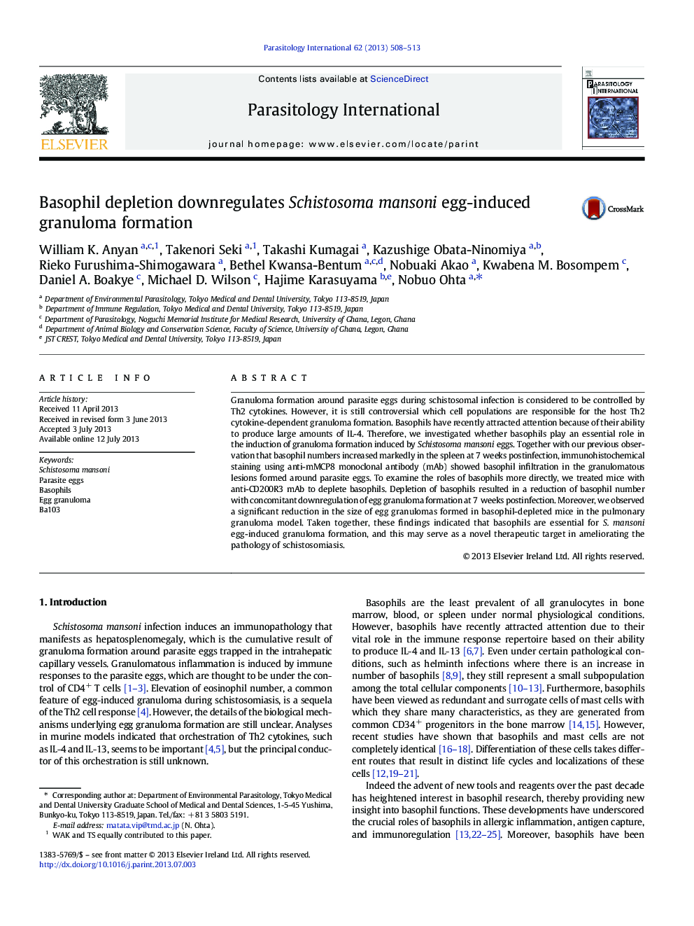 Basophil depletion downregulates Schistosoma mansoni egg-induced granuloma formation