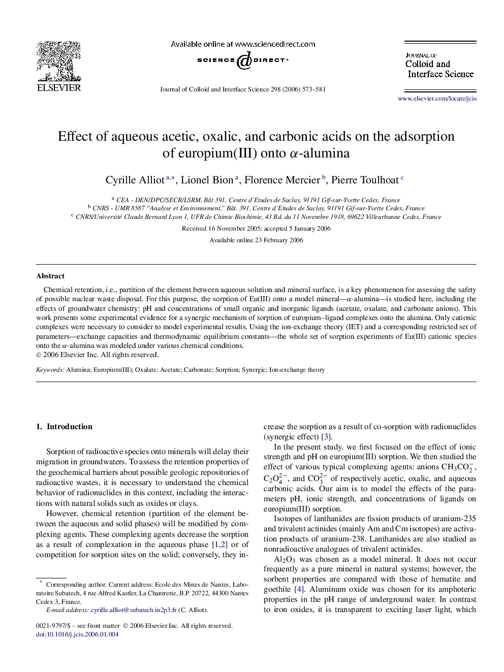 Effect of aqueous acetic, oxalic, and carbonic acids on the adsorption of europium(III) onto α-alumina