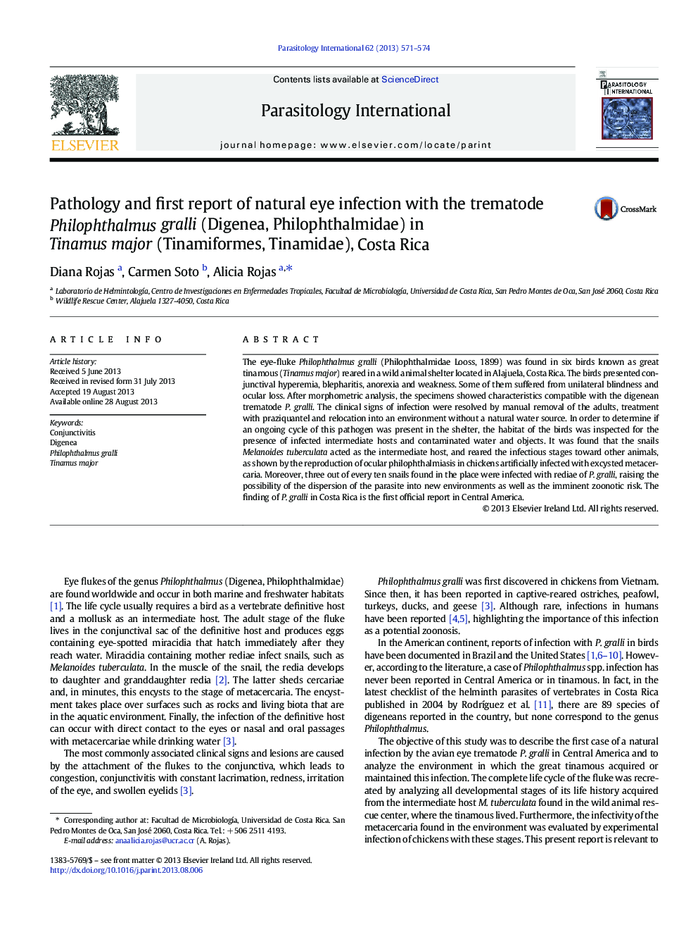 Pathology and first report of natural eye infection with the trematode Philophthalmus gralli (Digenea, Philophthalmidae) in Tinamus major (Tinamiformes, Tinamidae), Costa Rica
