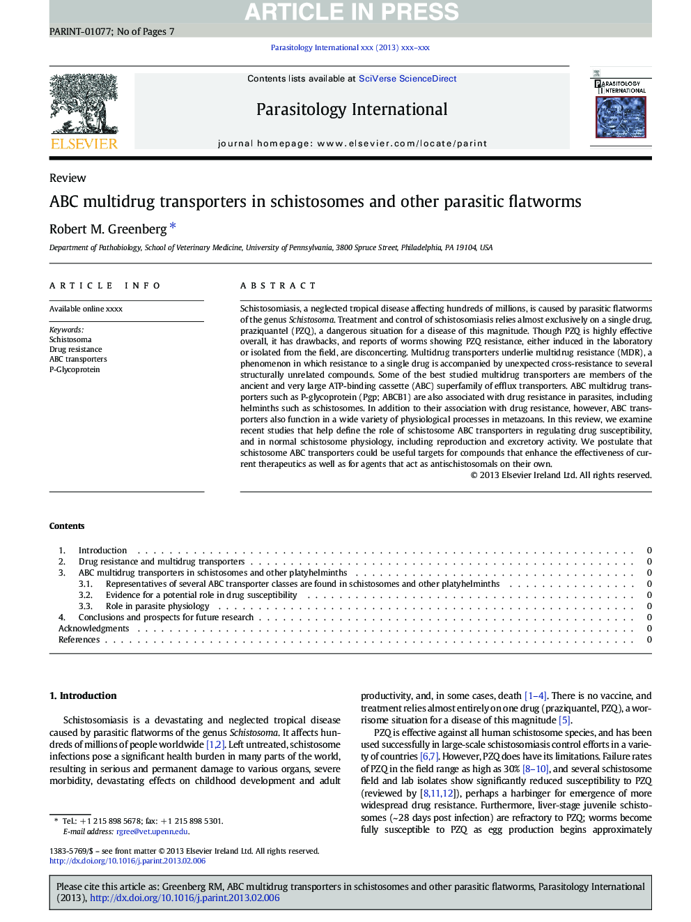 ABC multidrug transporters in schistosomes and other parasitic flatworms