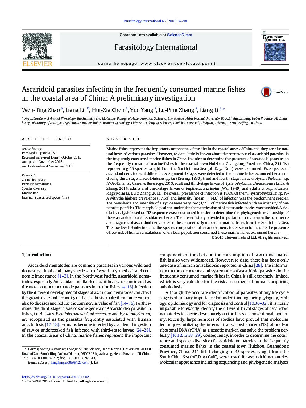 Ascaridoid parasites infecting in the frequently consumed marine fishes in the coastal area of China: A preliminary investigation