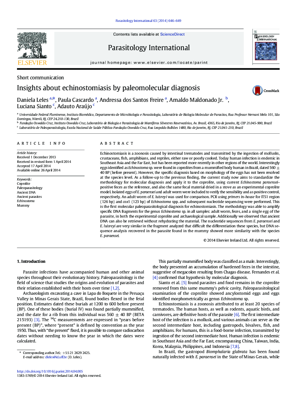 Insights about echinostomiasis by paleomolecular diagnosis