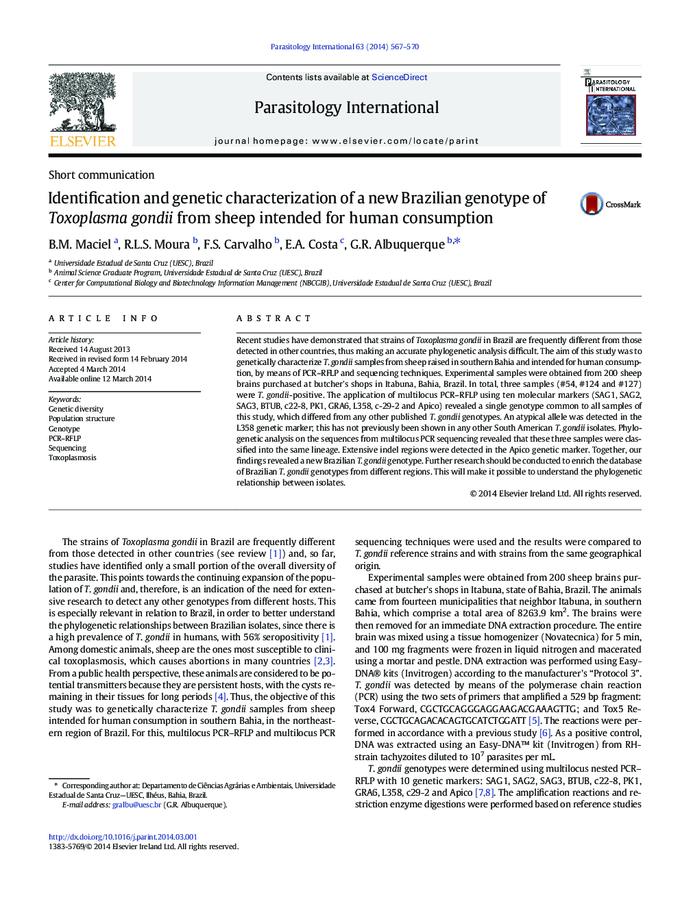 Identification and genetic characterization of a new Brazilian genotype of Toxoplasma gondii from sheep intended for human consumption