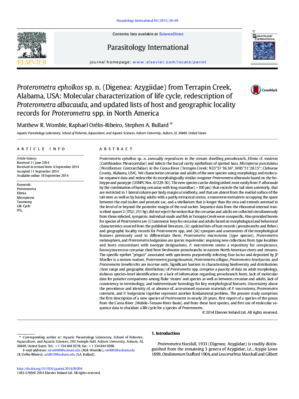 عکس صفحه اول مقاله: Proterometra epholkos sp. n. (Digenea: Azygiidae) from Terrapin Creek, Alabama, USA: Molecular characterization of life cycle, redescription of Proterometra albacauda, and updated lists of host and geographic locality records for Proterometra spp. in Nort Proterometra epholkos sp. n. (Digenea: Azygiidae) from Terrapin Creek, Alabama, USA: Molecular characterization of life cycle, redescription of Proterometra albacauda, and updated lists of host and geographic locality records for Proterometra spp. in Nort
