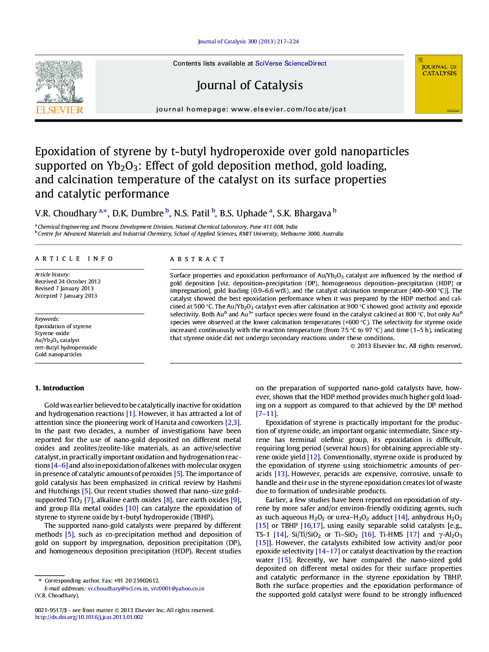 Epoxidation of styrene by t-butyl hydroperoxide over gold nanoparticles supported on Yb2O3: Effect of gold deposition method, gold loading, and calcination temperature of the catalyst on its surface properties and catalytic performance